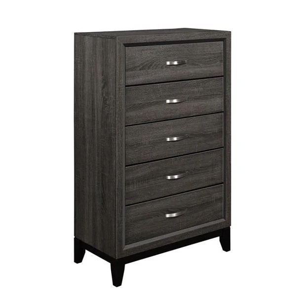 Benzara 5 Drawer Wooden Chest with Grain Details and Chamfered Feet, Gray