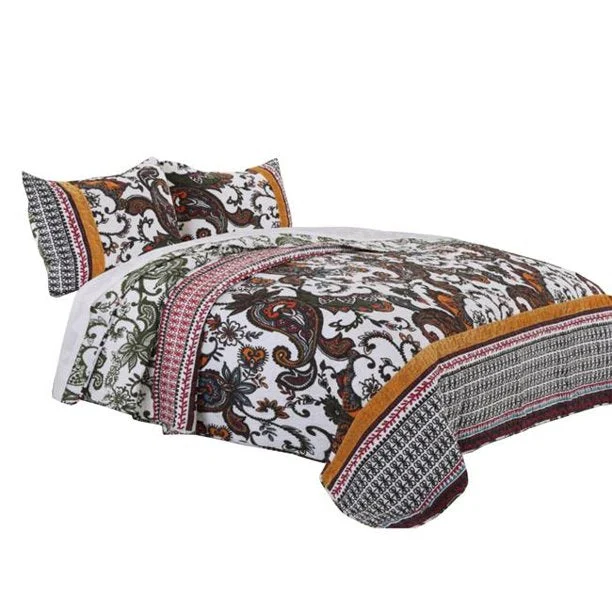 Benzara Detroit Fabric 3 Piece Queen Size Quilt Set with Tribal Motifs, Multicolor