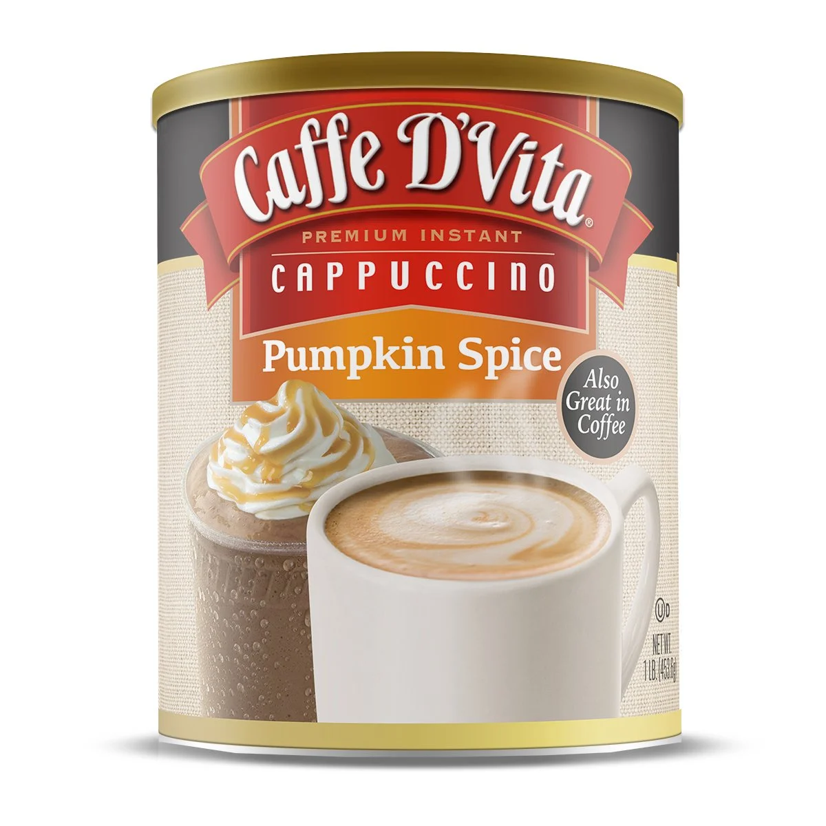 6 – 16 OZ CANISTERS CAFFE D’VITA PUMPKIN SPICE CAPPUCCINO MIX. THE HINT OF SPICE MAKES OUR PUMPKIN SPICE CAPPUCCINO TASTE LIKE A SLICE OF PUMPKIN PIE IN A MUG.