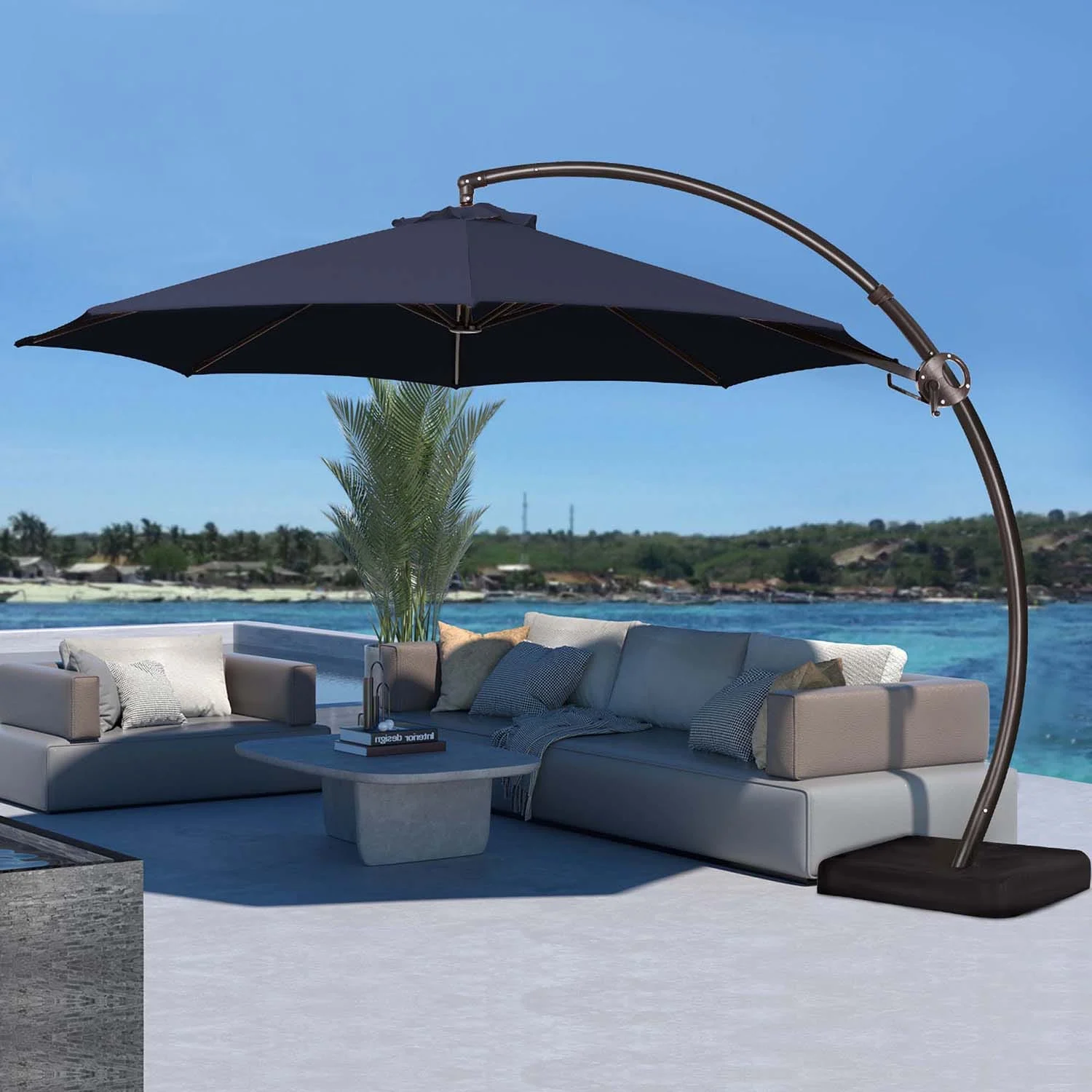 JEAREY 11-ft Navy Blue Crank Cantilever Patio Umbrella with Base
