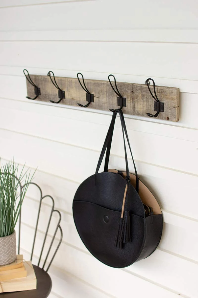 Kalalou CCHA1008 Reclaimed Wood Coat Rack with Five Metal Hooks