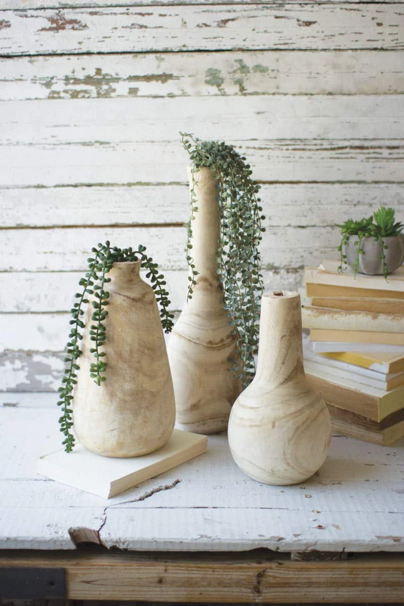 Hand-Carved Tall Wooden Bottles, Natural Finish, 18.5" Height Decorative Vases, Set of Three by Kalalou