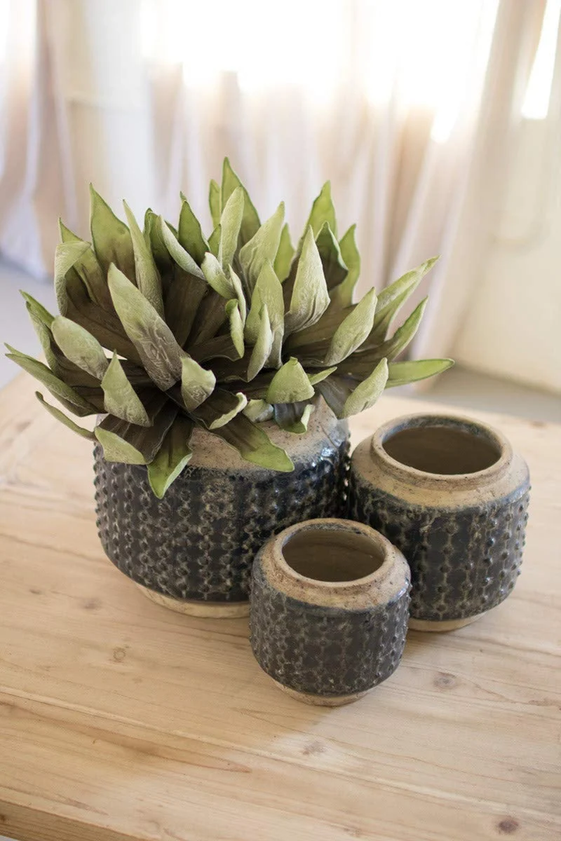 Dark Blue Knobby Ceramic Pots, Glazed Finish, Decorative Planter, Set of Three by Kalalou