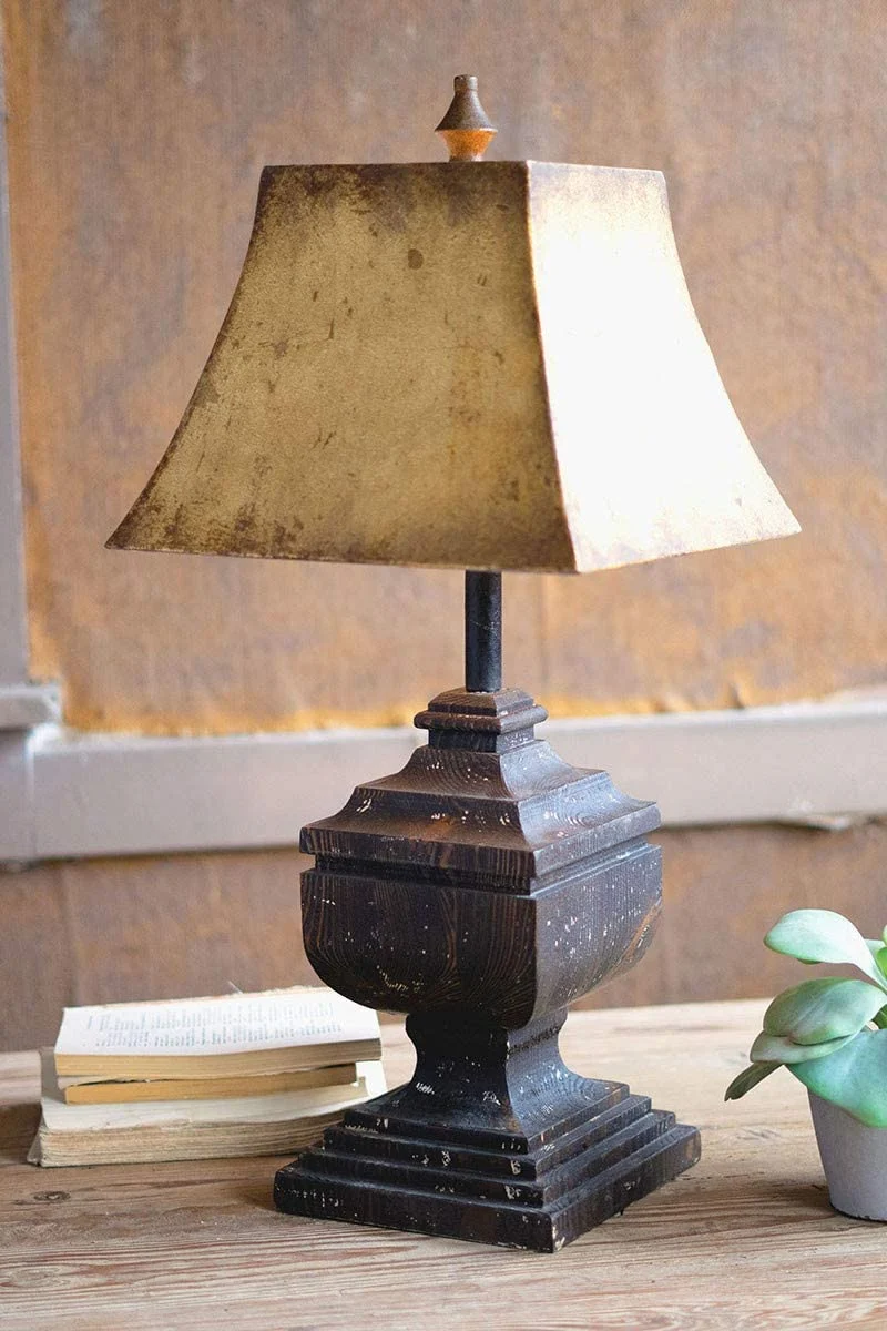 Kalalou CCG1633 Wood Table Lamp with Antique Gold Metal Shade