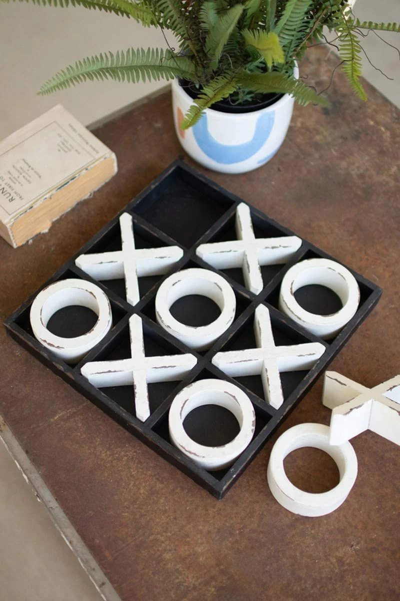 Wooden Tic-Tac-Toe Game 2"H, Black Distressed Painted Wood By Kalalou