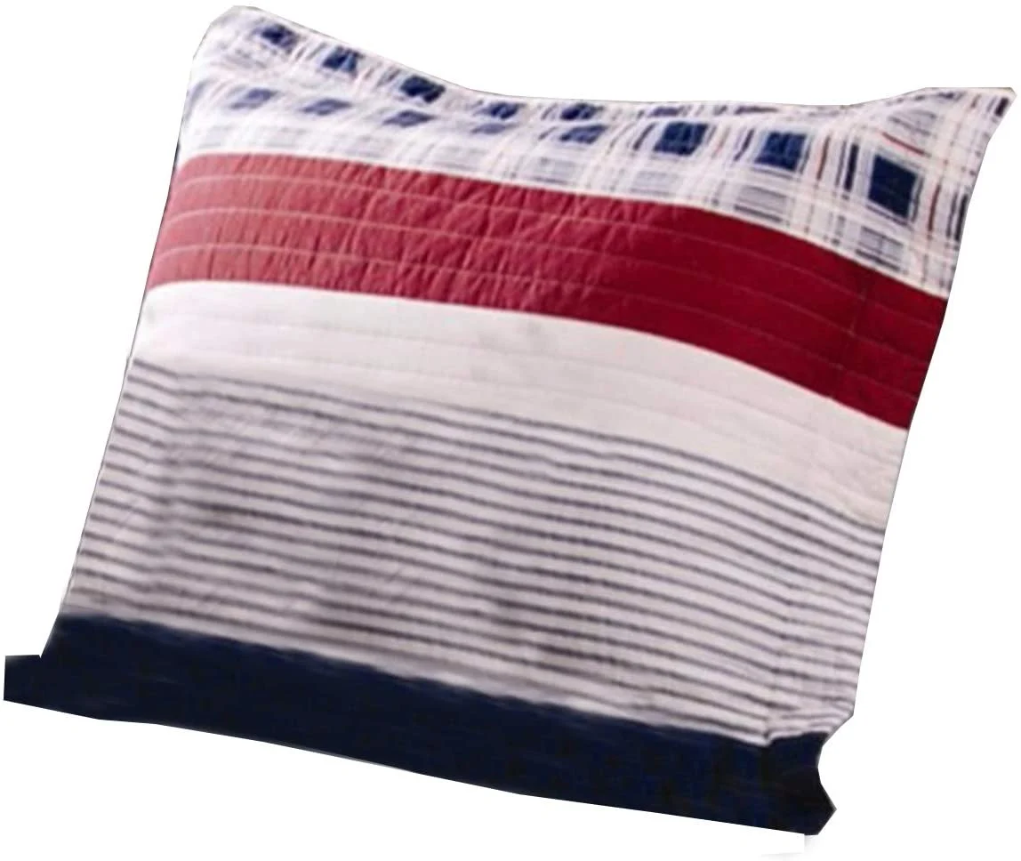 Benzara Alsek Fabric King Size Pillow Sham with Stripes and Plaid Pattern, Blue and Red