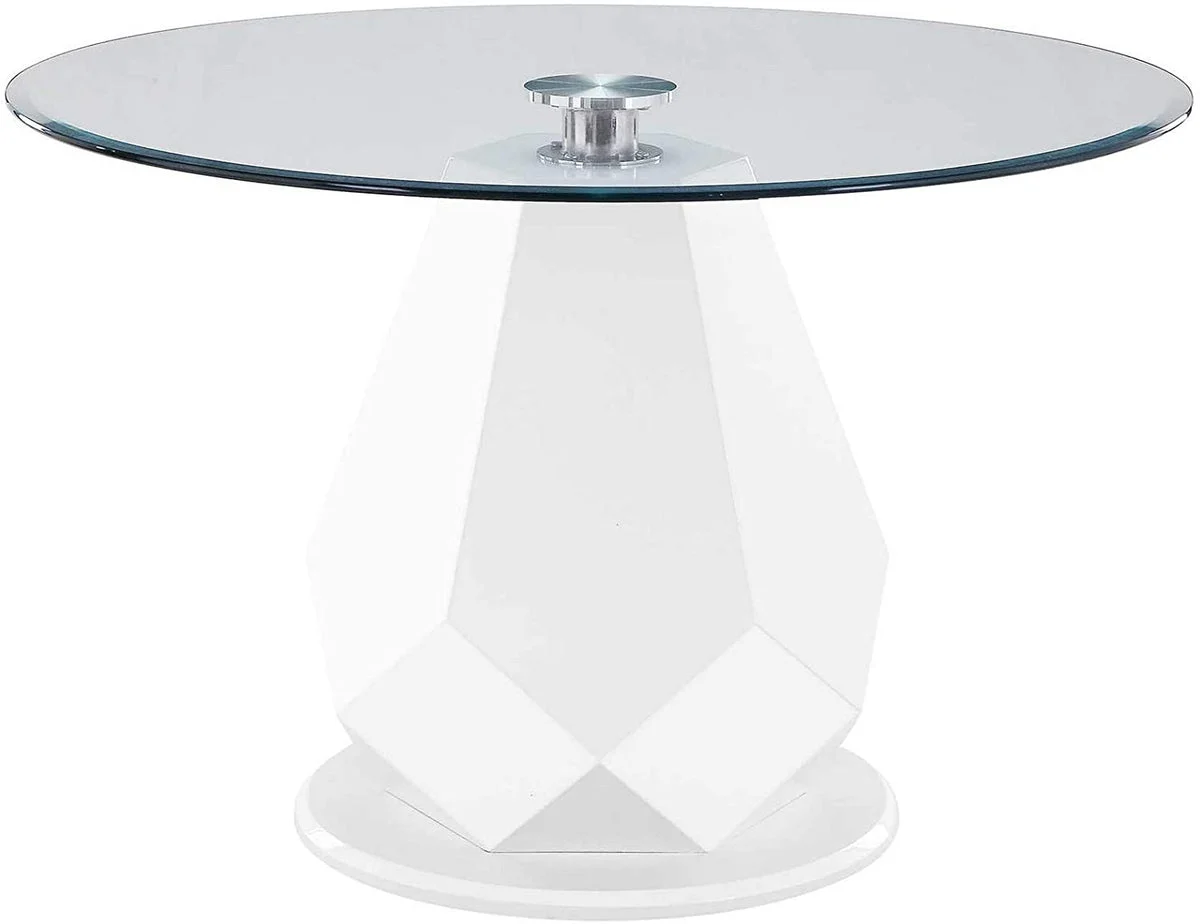 Benzara Glass Top Round Dining Table with Geometric Pedestal Base, White