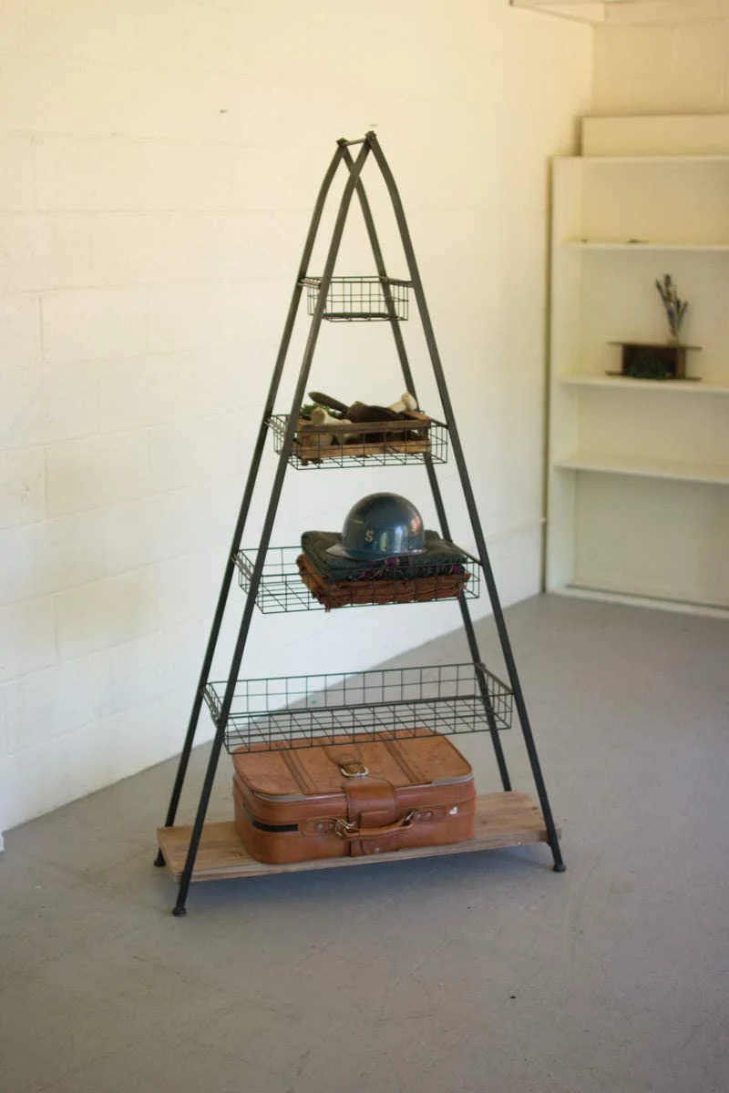 Kalalou CHW1005 A Frame Tower with Wire Baskets and Wooden Shelf