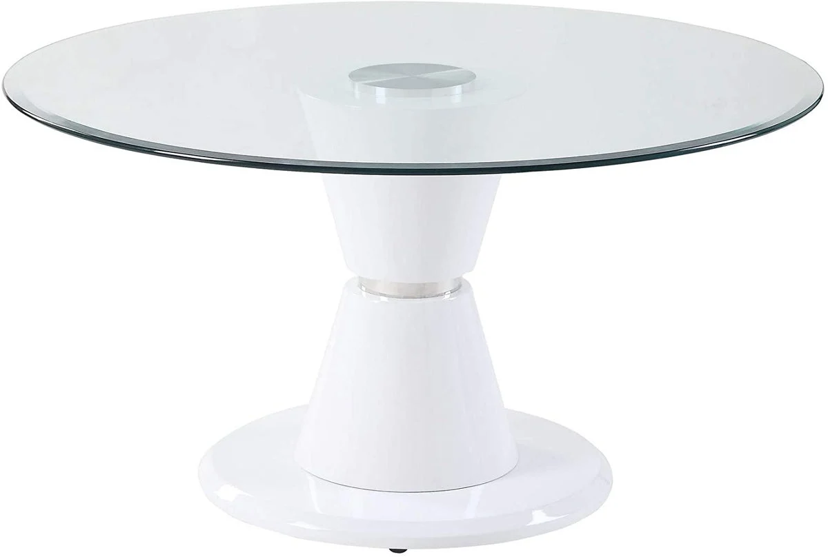 Benzara Glass Top Round Dining Table with Pedestal Base, White and Clear