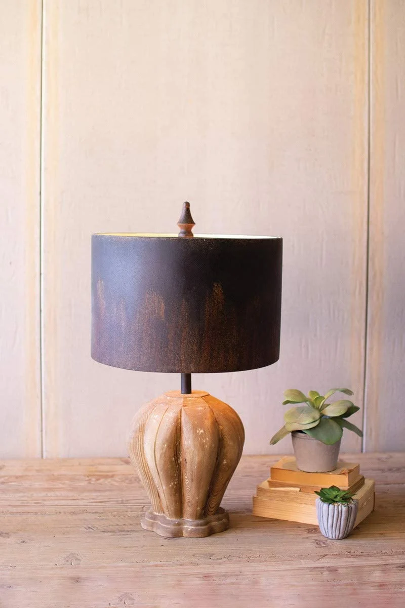 Kalalou CCG1595 Table Lamp with Wooden Base Dark Metal Barrel Shade