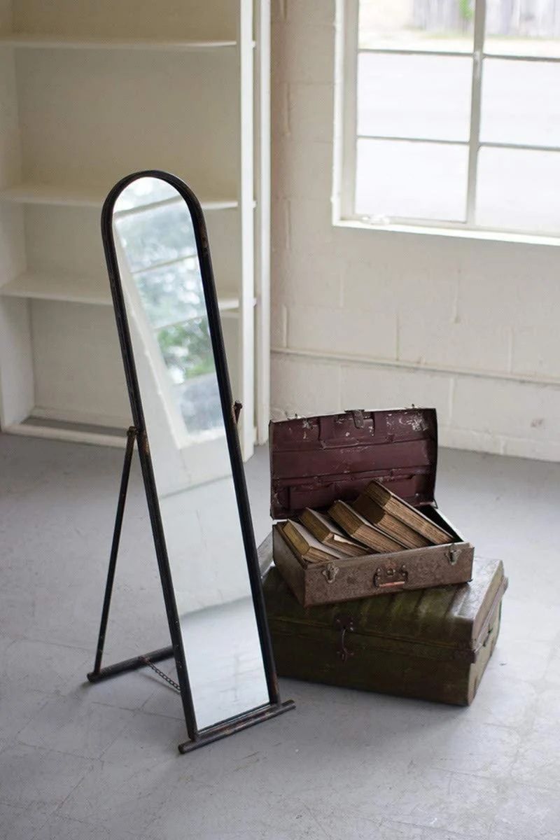 Arched Floor Mirror 55.5 Inch – Distressed Black Metal Frame – Farmhouse Style By Kalalou