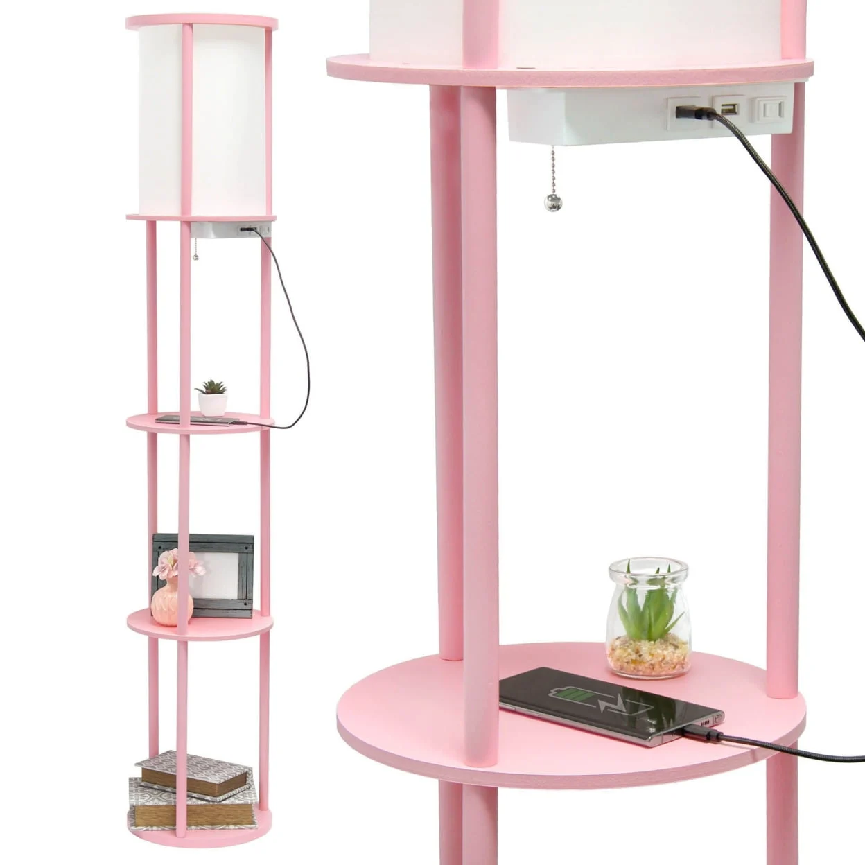 Simple Designs 62.5″ Round Modern Shelf Etagere Organizer Storage Floor Lamp With 2 Usb Charging Ports, Light Pink