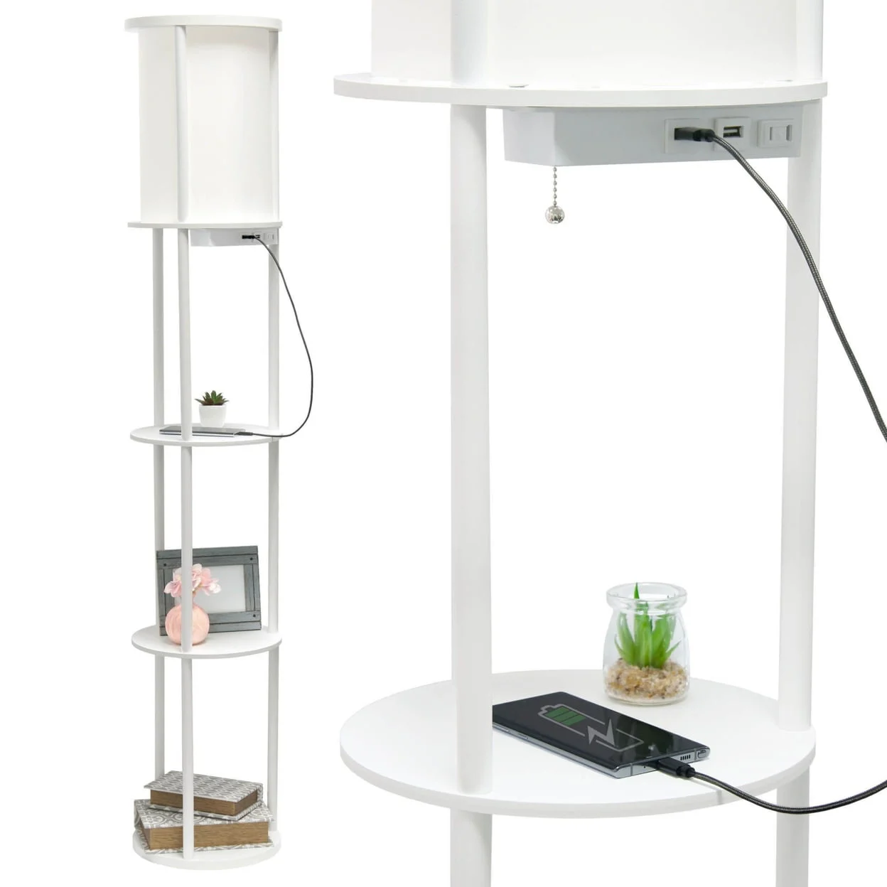 Simple Designs 62.5″ Round Modern Shelf Etagere Organizer Storage Floor Lamp With 2 Usb Charging Ports, White