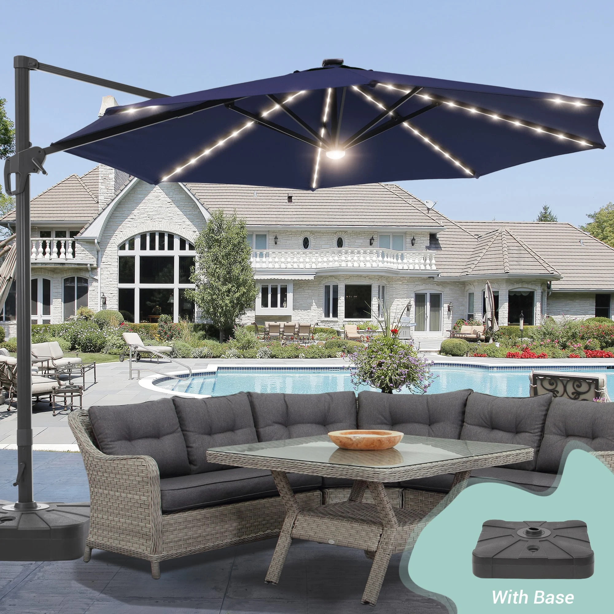 ACEGOSES 11-ft Navy Blue Solar Powered Cantilever Patio Umbrella with Base