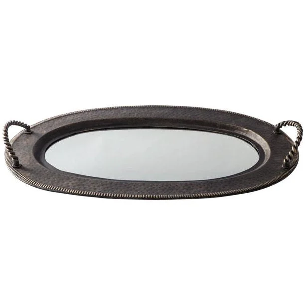 Benzara Oval Shape Tray with Mirror Trim and Braided Handle, Gray and Gold
