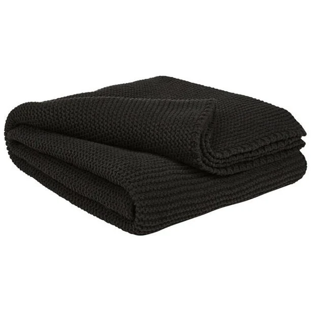 Benzara Fabric Throw Blanket with Knitted Design, Set of 3, Black