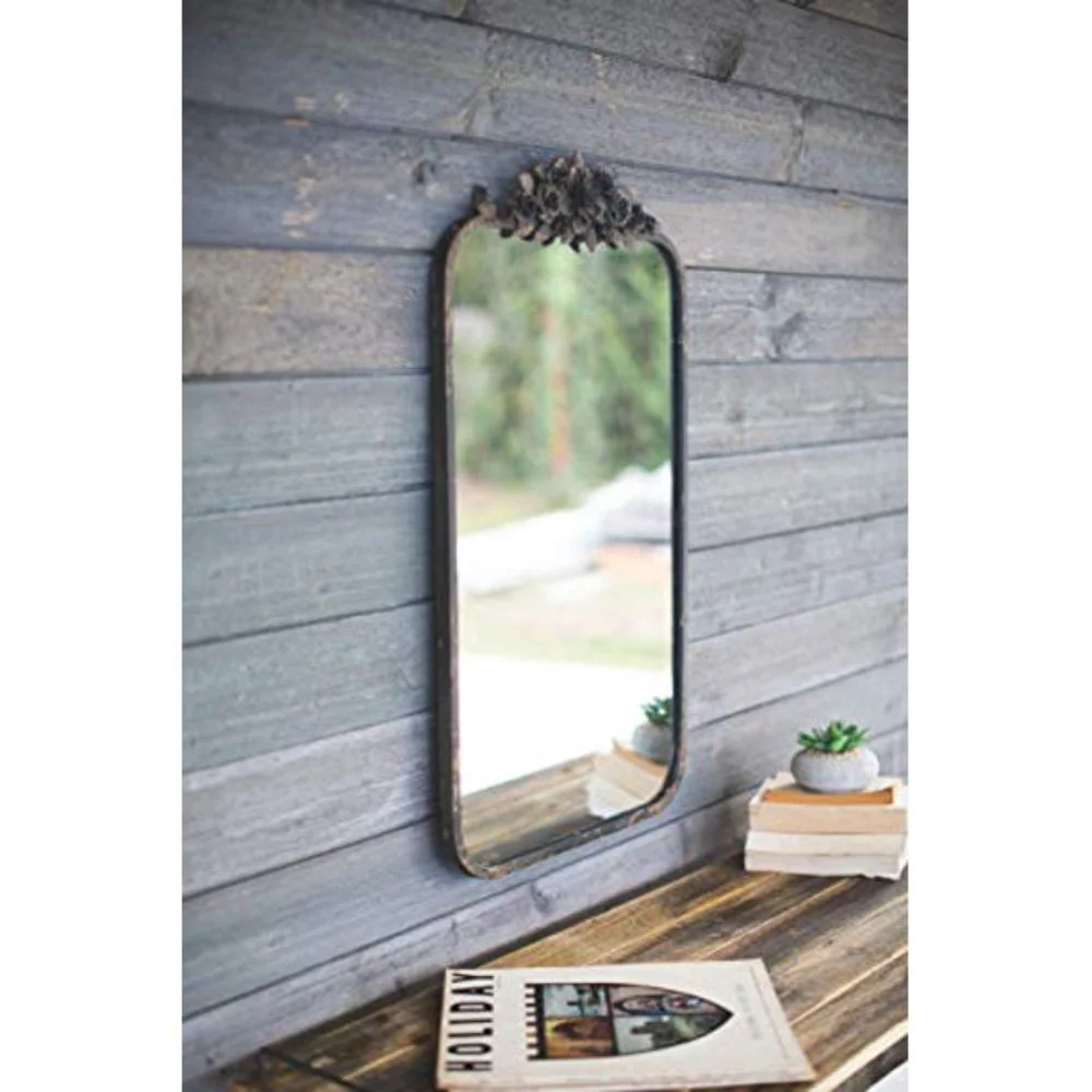 Rectangle Metal Mirror with Flower Details 32"H – Gray Farmhouse Wall Mirror by Kalalou