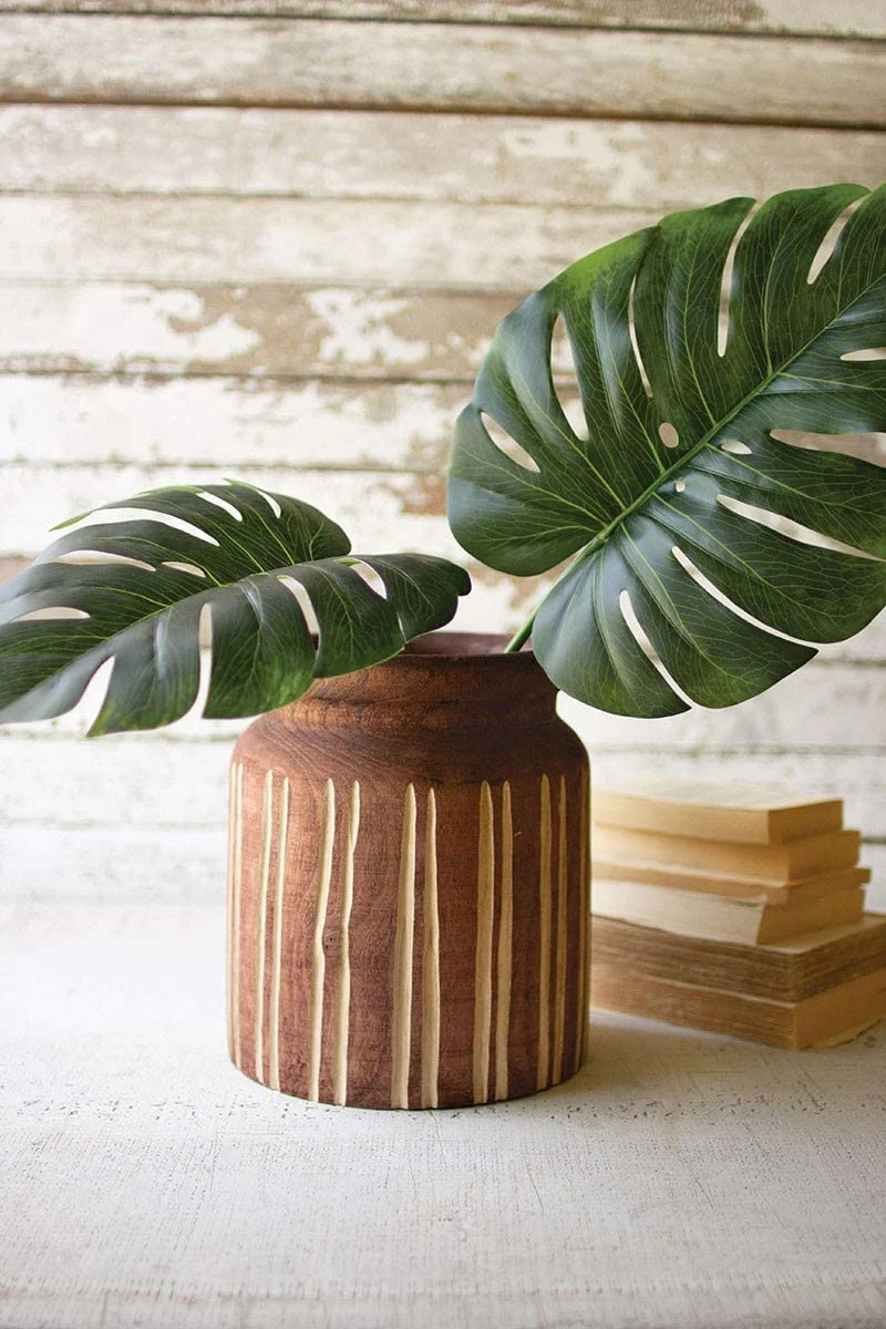 Kalalou CFAN1043 Rust Wood Vase w/Vertical Line Carving