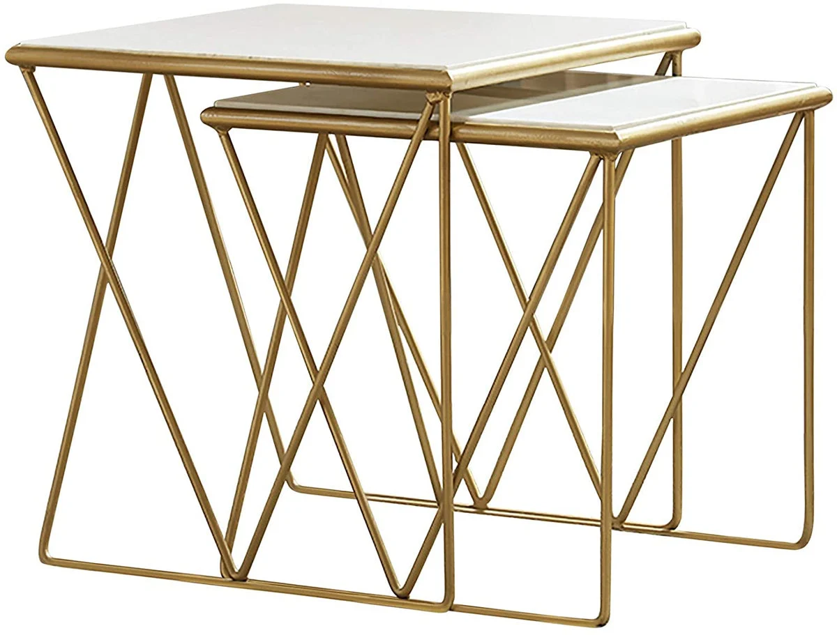 Benzara 2 Piece Marble Top Nesting Table with Geometric Base, White and Gold