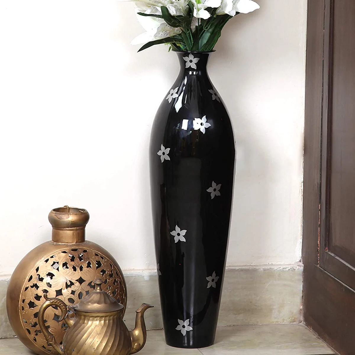 Benzara 26 Inches Metal Vase with Pierced Details, White and Brown