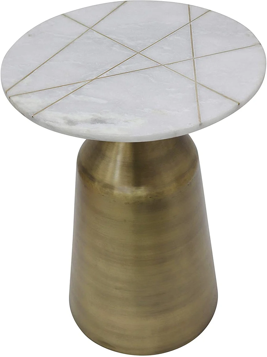 Benzara 24 Inches Round Marble Top Metal Base Side Table, Gray and Brass
