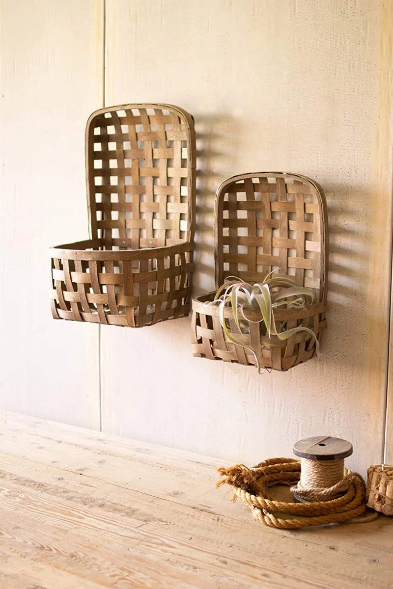 Kalalou CCH1057 Hanging Split Wood Basket with Pocket Set of 2