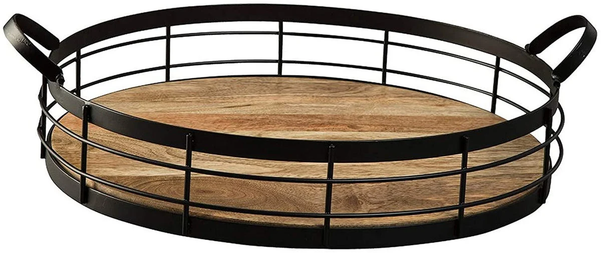 Benzara Raised Grid Design Wood and Metal Frame Round Tray, Black and Brown