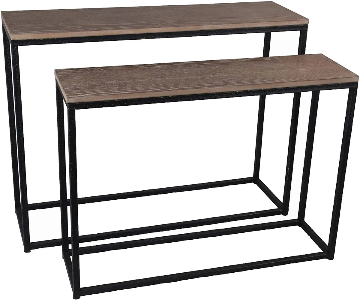 Benzara 2 Piece Wide Metal Accent Console Set with Wooden Top, Brown and Black
