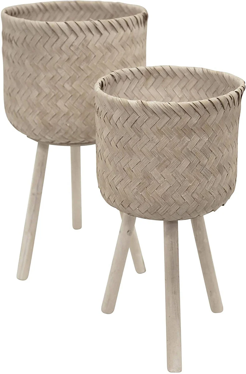 Benzara Round Wooden Planters with Angled Tripod Legs, Set of 2, Gray