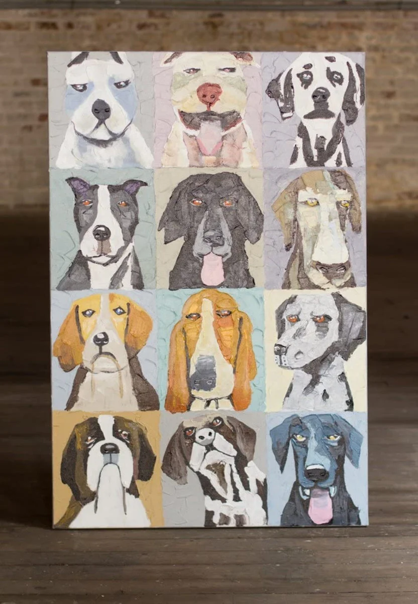 Colorful 12 Emotional Dogs Acrylic Canvas Painting, Contemporary Wall Art by Kalalou