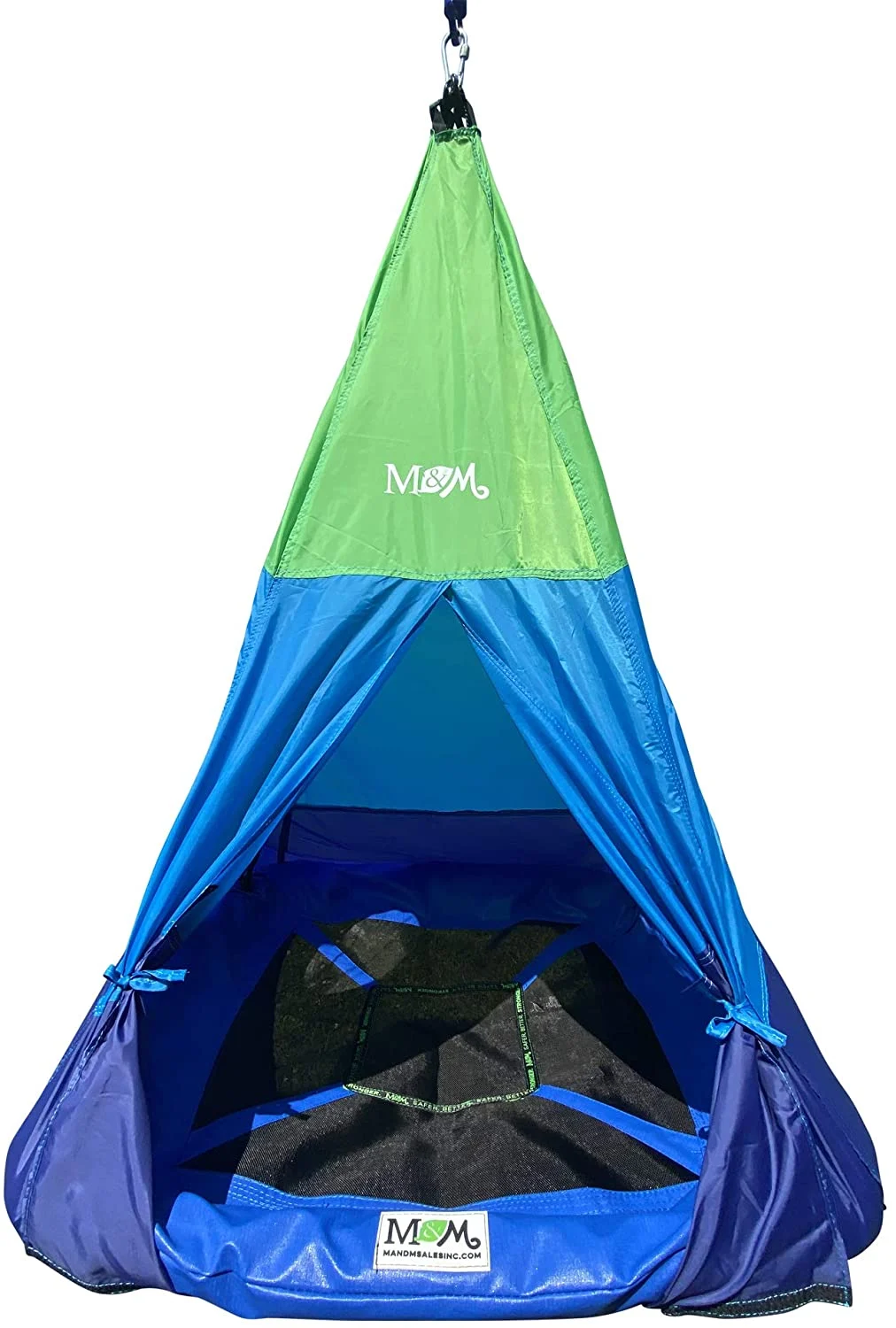 M&M Sales Enterprises Outdoor Teepee Tent Swing, 39in Textilene Platform Swing, Colorful Detachable Tent, Hanging Tree Fort, 250 Lbs., Single or Multi-Rider, Swing and Spin.