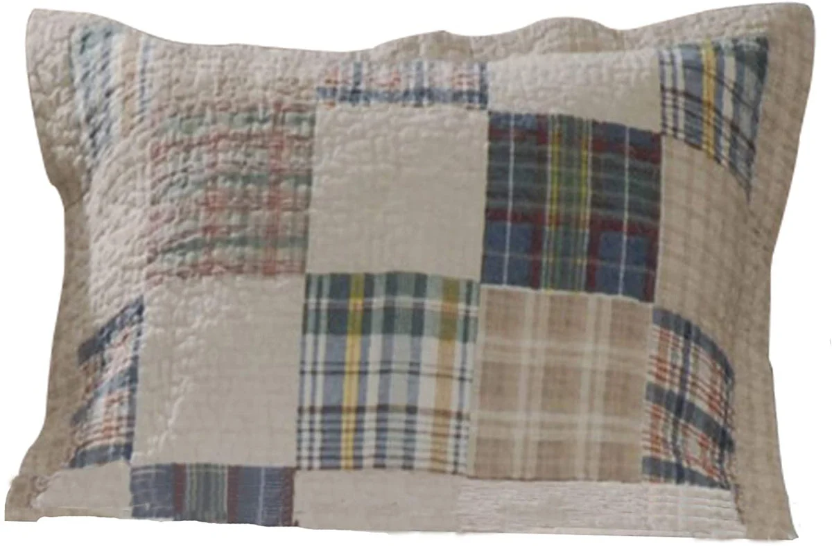 Benzara Ebro Fabric Standard Pillow Sham with Plaids Square and Stripes Pattern, Cream
