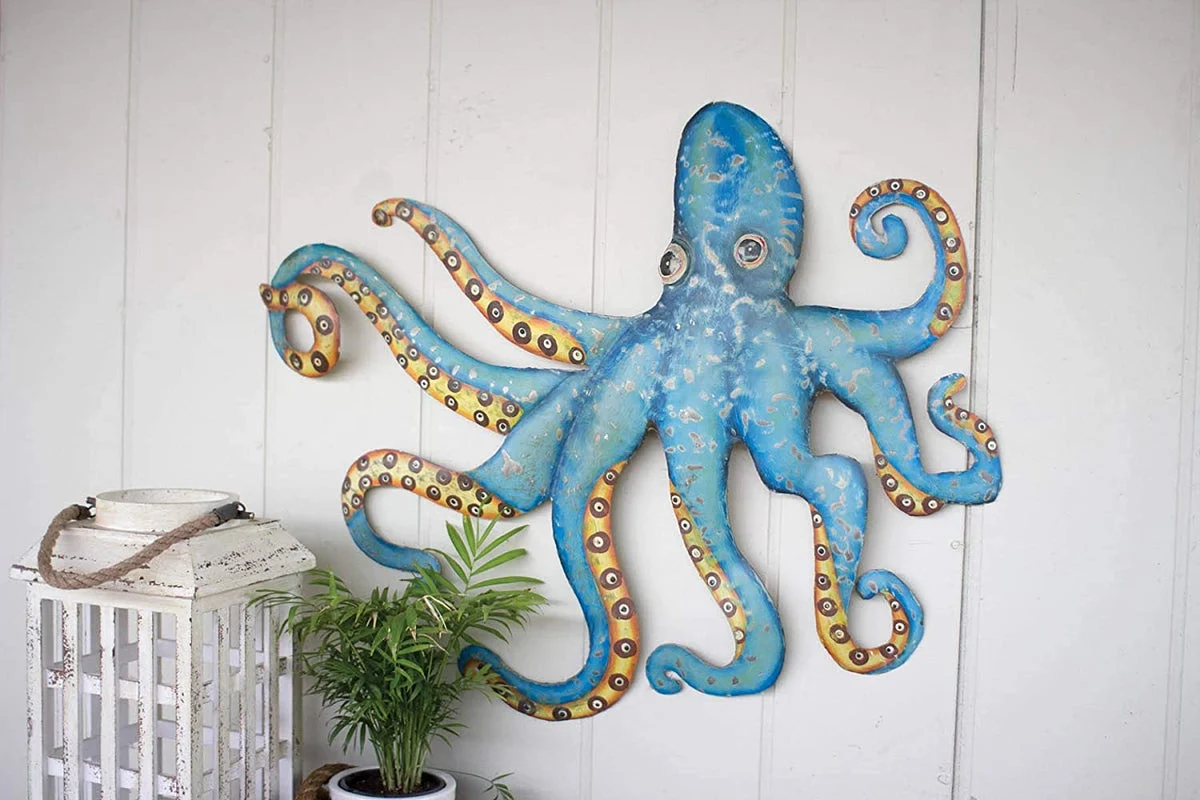 Metal Octopus Wall Hanging 28"H – Hand Hammered Blue Coastal Wall Decor By Kalalou