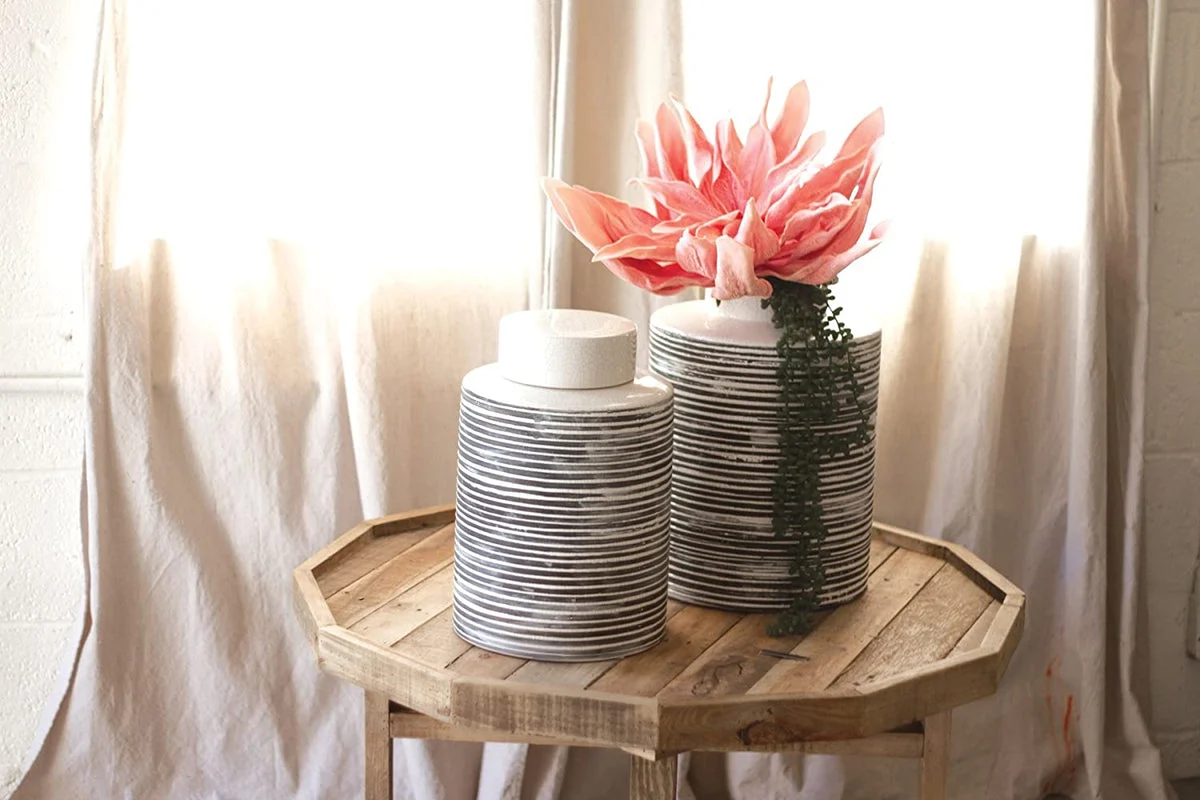 Kalalou CHG2175 Ceramic Grey Striped Canister