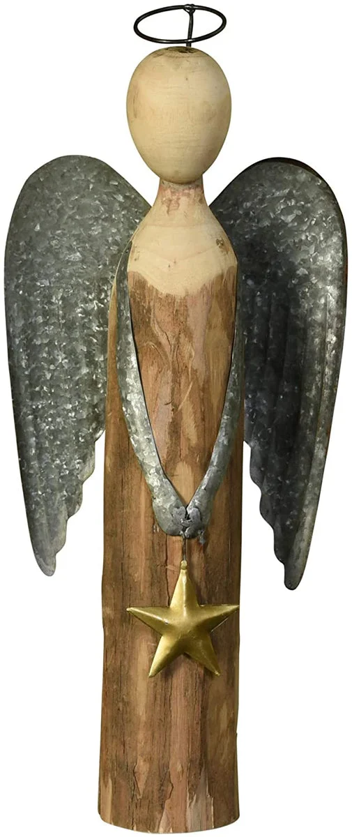 Benzara Galvanized Wings Wooden Angel Accentdecor with Star, Large, Brown