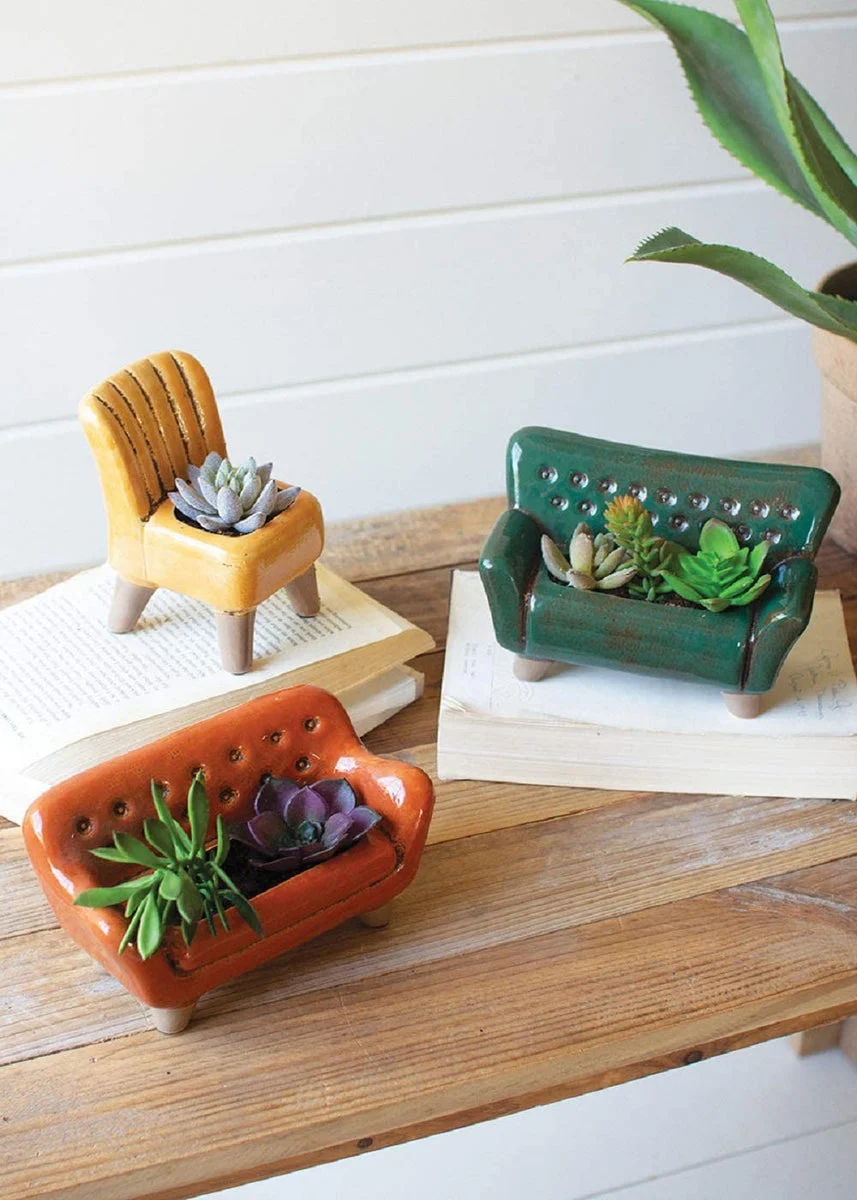 Ceramic Sofa and Chair Planters – 6" Tall Colorful Pots Set of 3 by Kalalou