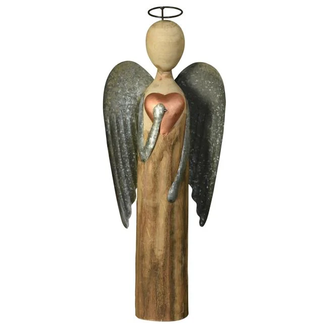 Benzara Galvanized Wings Wooden Angel Accentdecor with Heart, Large, Brown