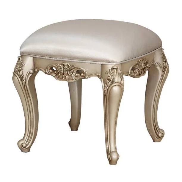 Benzara Wooden Armless Vanity Stool with Floral Moldings, Antique White and Gold