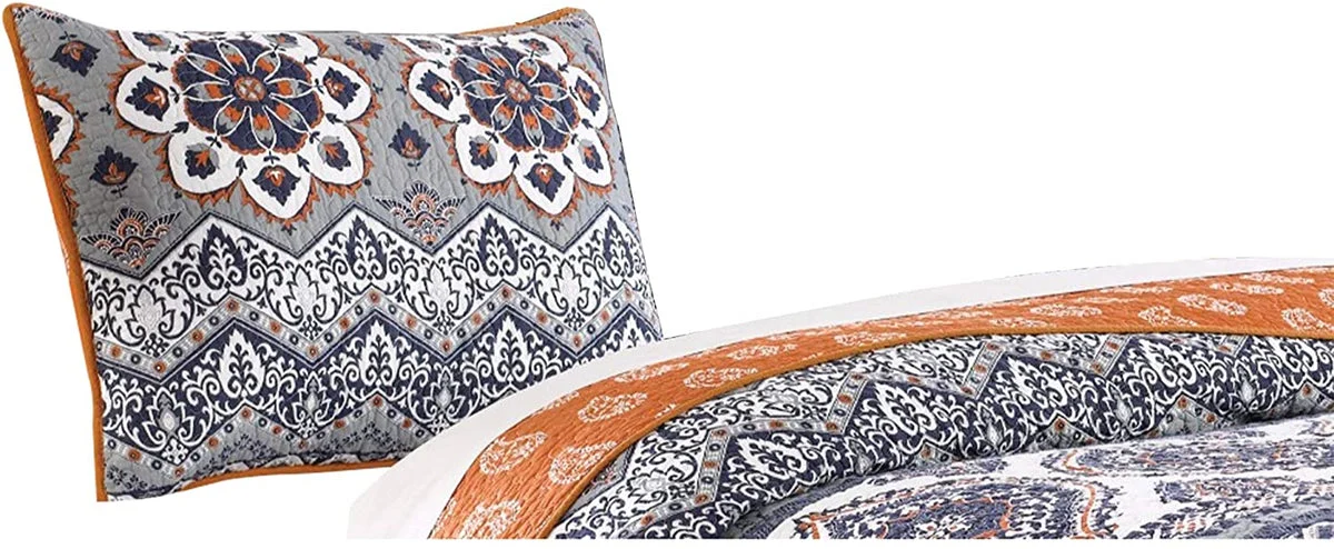 Benzara Thelon Standard Size Fabric Sham with Floral and Chevron Prints, Gray and Blue