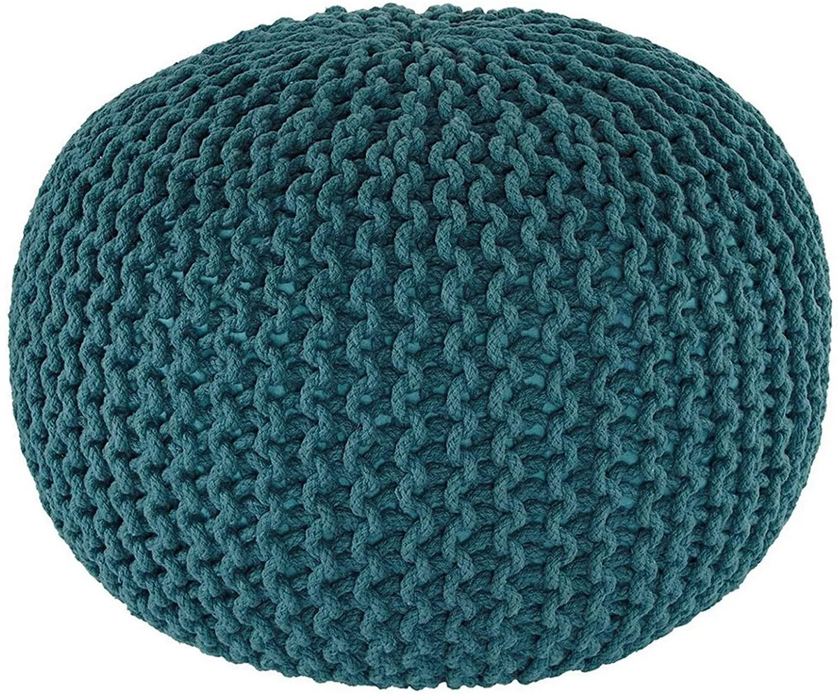 Benzara Fabric Wrapped Round Shaped Pouf with Knitted Design, Blue