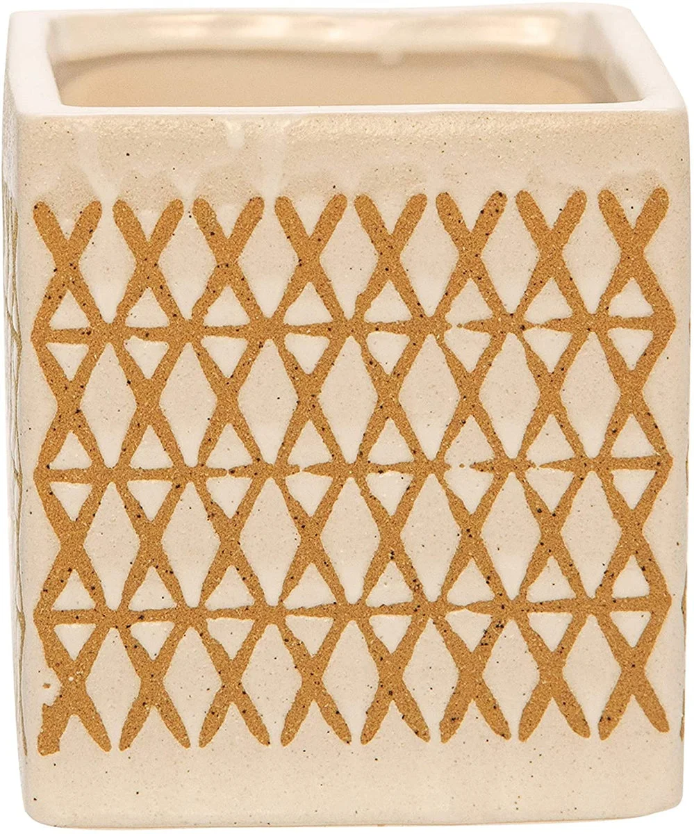 Sagebrook Home 15429-04 4" Ceramic Square X-Design Pen Holder, Cream
