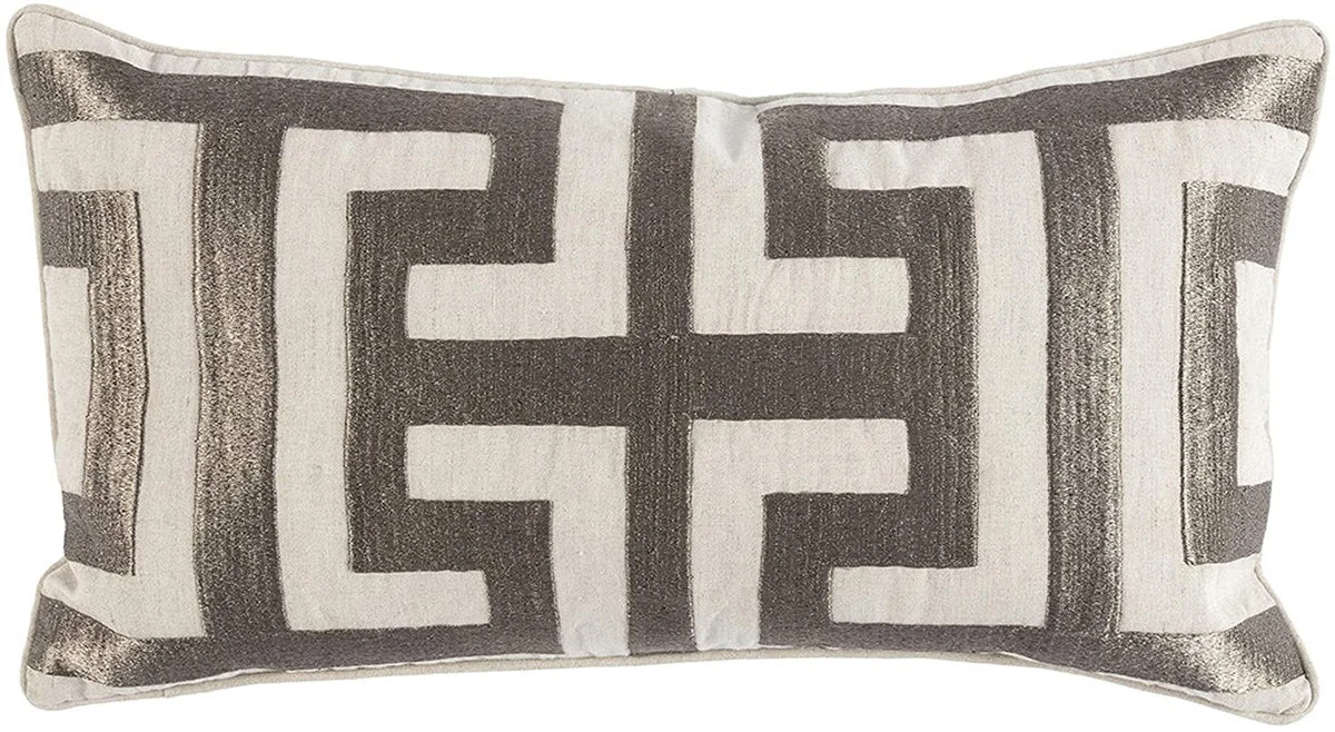 Benzara Embroidered Rectangular Fabric Throw Pillow, White and Gray