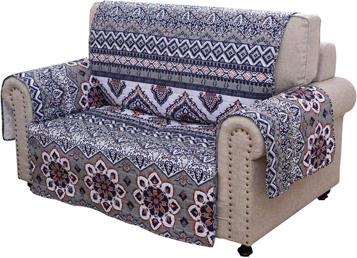 Benzara Thelon Polyester Loveseat Protector with Medallion Prints, Gray and Blue