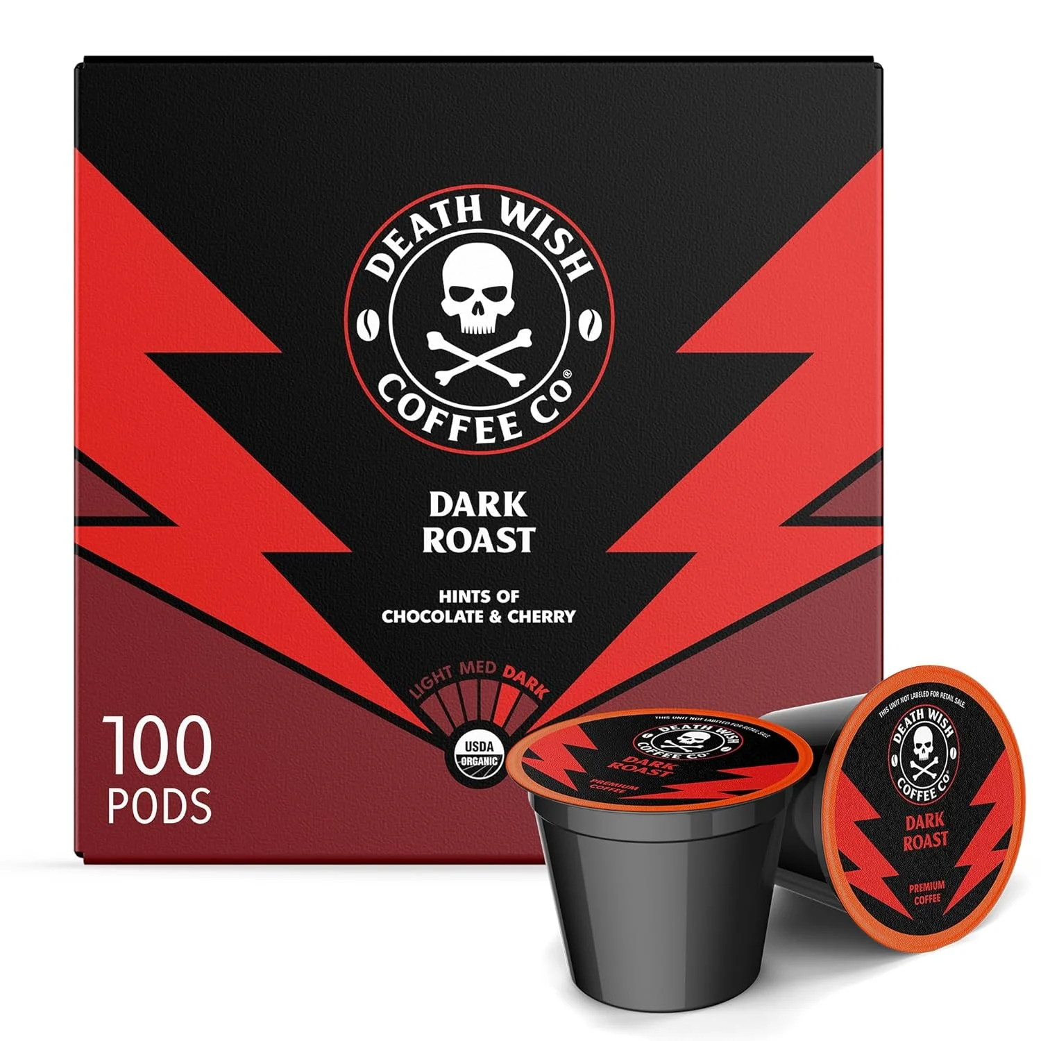 Death Wish Coffee – Single Serve Pods – Dark Roast Coffee Pods – Made with USDA Certified Organic – Extra Kick of Caffeine (Dark Roast, 100 Count (Pack of 1))