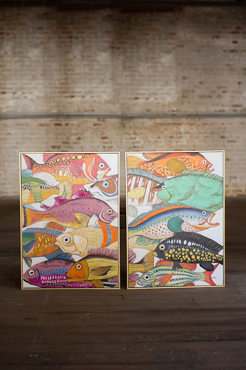 Wall Art – Acrylic Painting Set of Two Fish, Gold Framed Handpainted Canvas by Kalalou