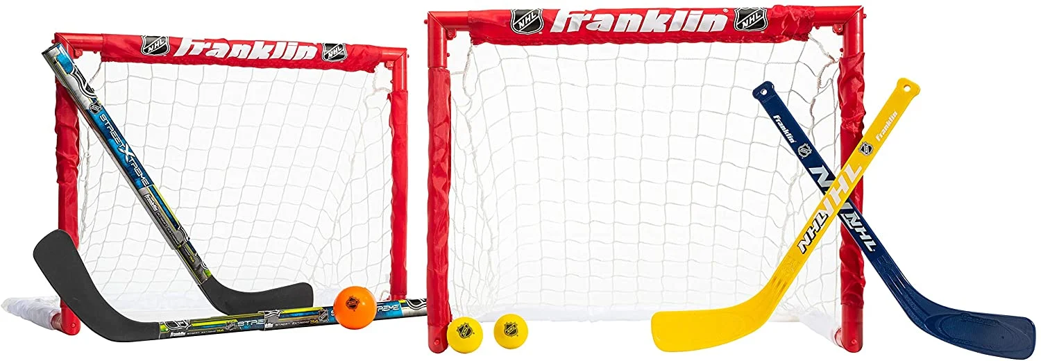 Franklin Sports – NHL Kids Folding Hockey Goals Set – (2) Street Hockey & Knee Hockey Goals – (2) Adjustable Youth Hockey Sticks, (2) Knee Hockey Sticks, (2) Mini Hockey Balls + (1) Street Hockey Ball