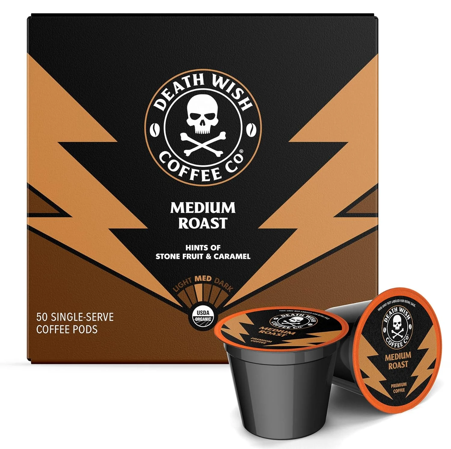 Death Wish Coffee Co. Medium Roast Single Serve Pods – Extra Kick of Caffeine – Lighter Blend of Bold Arabica & Robusta Beans – USDA Organic Bold Full Body Roast for a Day Lift (50 Count)