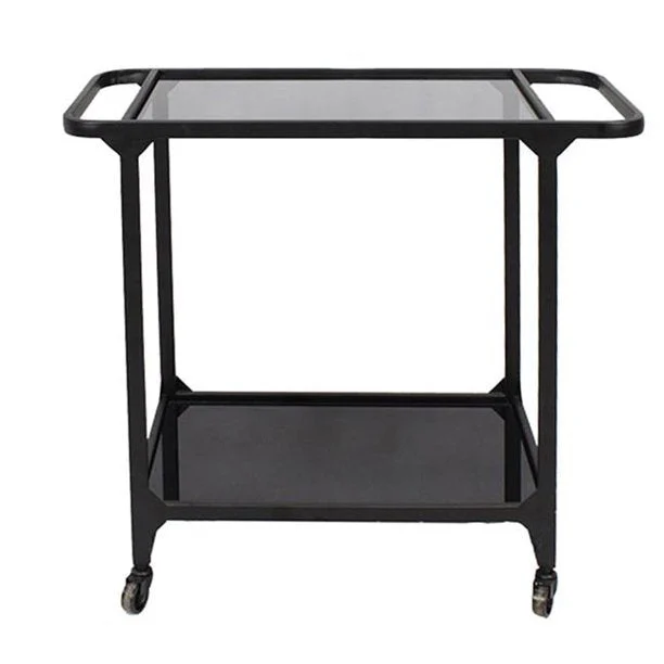 Benzara 2 Tier Design Metal Bar Cart with Glass Shelves and Casters, Black