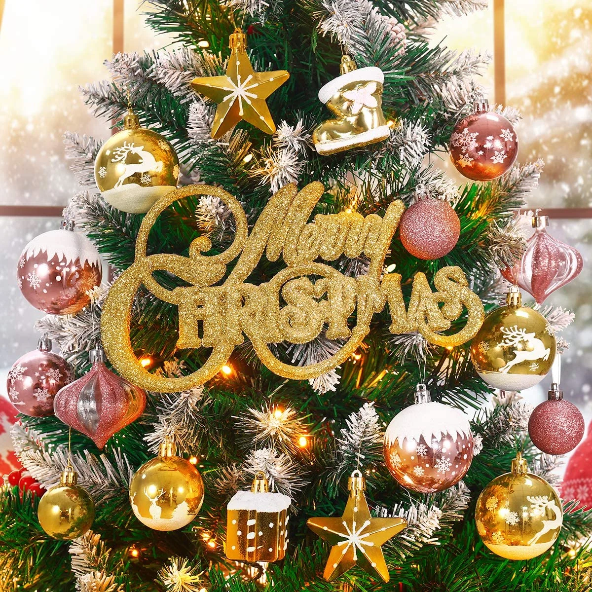 90Ct Christmas Tree Ornaments Assortment with Shatterproof Christmas Balls Snowflakes Hat Star Gift Box Mitten Merry Christmas for Christmas Tree Decorations(Rose Gold, Gold and Silver)