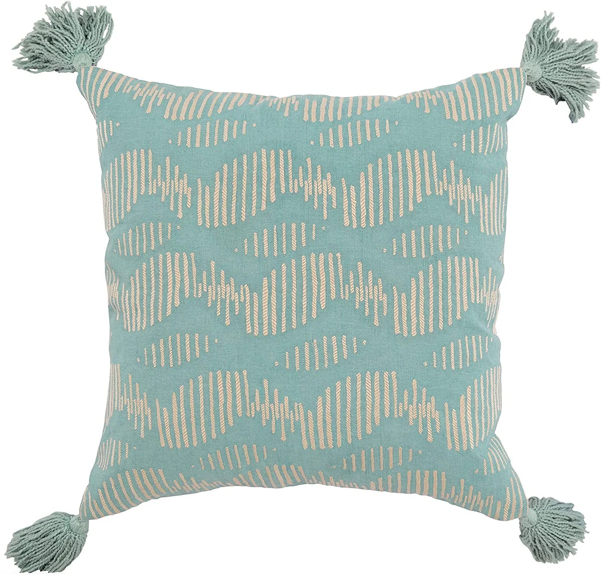Benzara BM228746 Fabric Wrapped Throw Pillow with Handwoven Pattern and Tassels, Blue